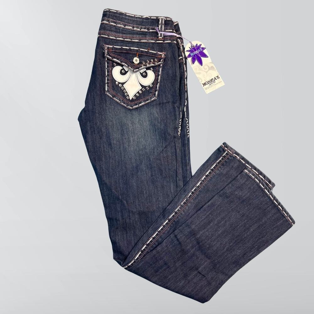 Vintage NWT Y2K Monica’s Jeans Low Rise Stitch Detailed Gemstone Jeans